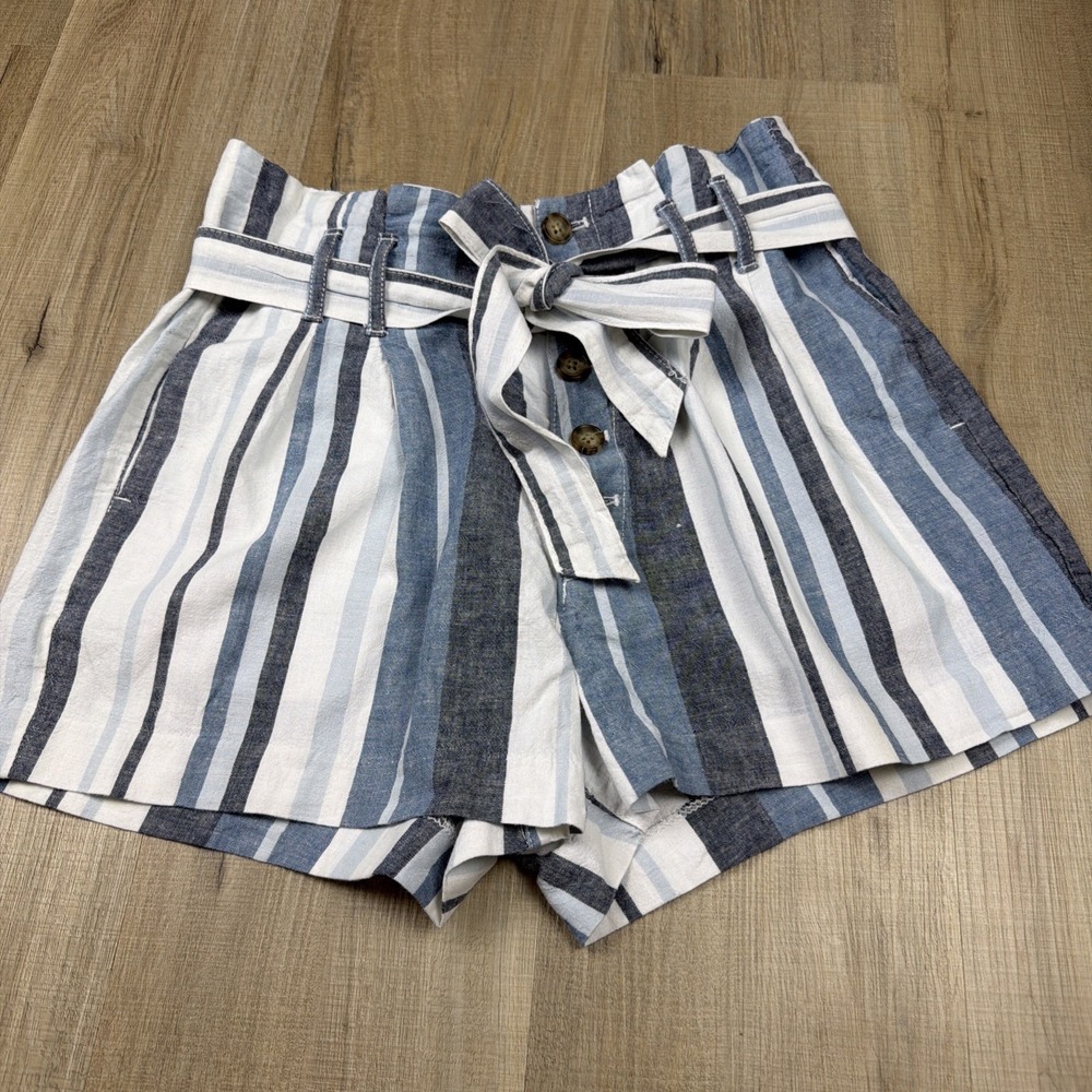 Abercrombie & Fitch Linen Blend Shorts Womens Medium Striped Belted High Rise